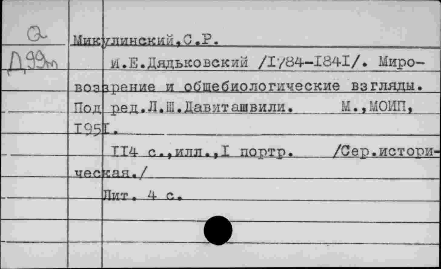 ﻿СК*	Мик	/ПИНСКИЙ. С.Р.
дз^		И.Е.Дядьковский /1/84-1841/. Миро-
	поп	чрение и обшебиологические взгляды.
	ЛОД	рец.Л.Ш.Давит ашвили.	М.,МОИП,
	195	И.	
		Т14 о.,илл.,1 портр.	/Сер.истопи-
	ичес	кая./
		Пит ,4с.
		
		
		